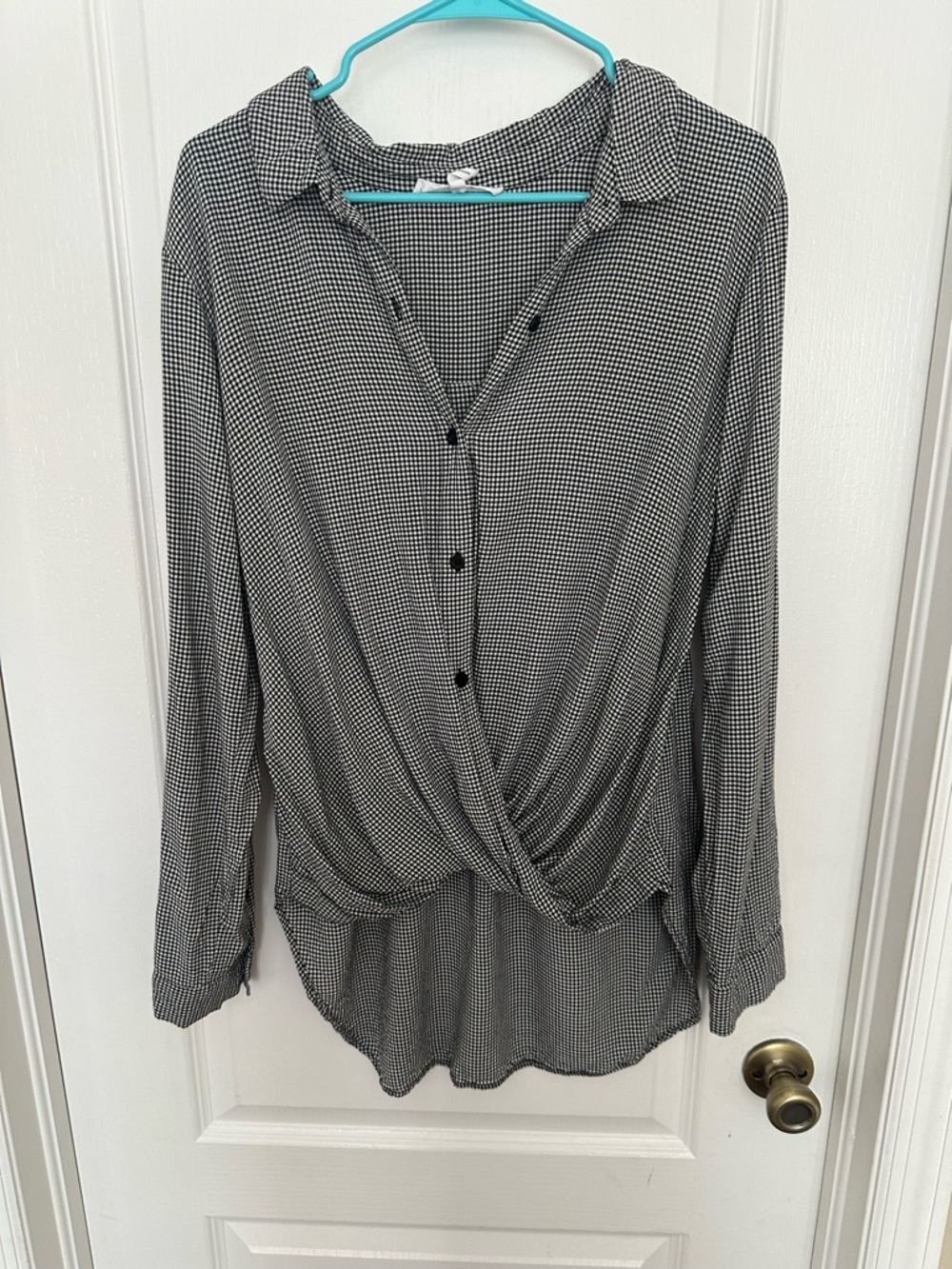BCBGeneration Black and White Twist-Front Button Down Shirt